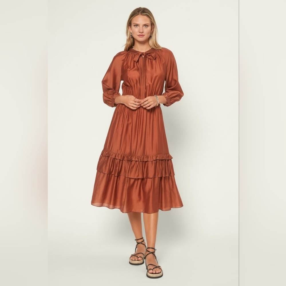 Current Air | Ruffle Trim Midi Dress - Cognac